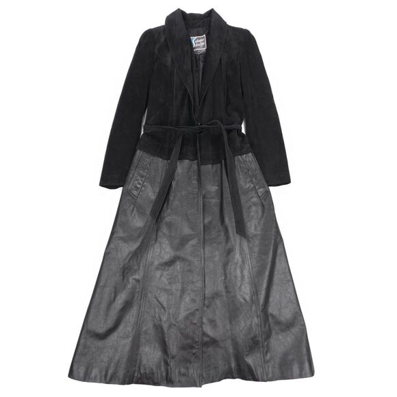 VINTAGE Genuine Leather Suede Belted Trench Coat Duster Jacket Black French Girl - Picture 1 of 6
